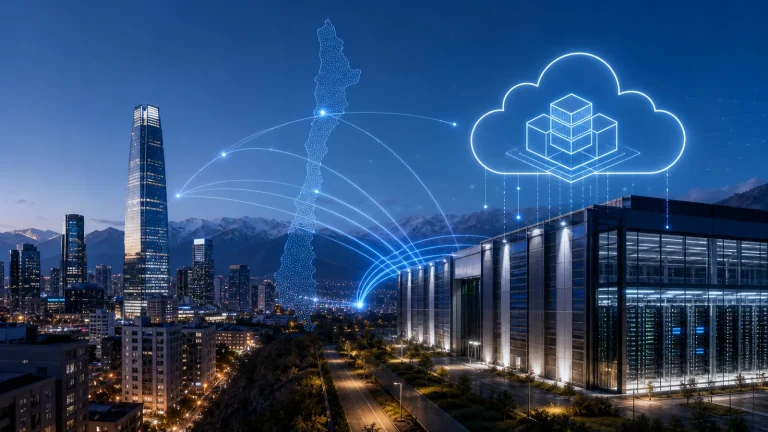 Datacenter moderno en Santiago conectado a nube local, red de baja latencia y mapa de Chile