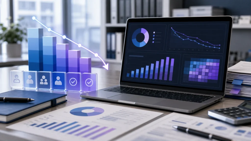 Tablero financiero con inventario de licencias SaaS y curva de costos optimizada