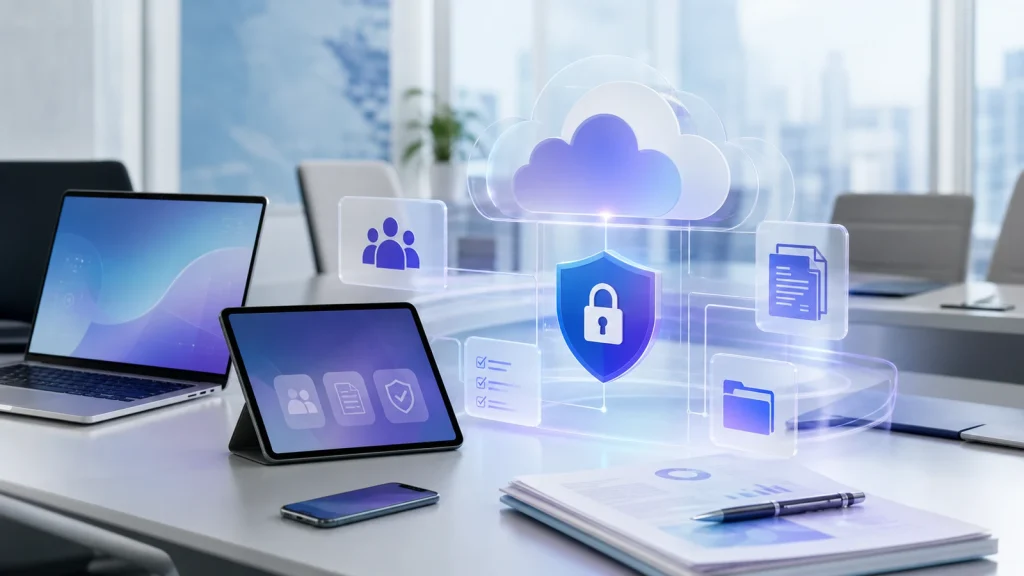 Espacio de trabajo corporativo con dispositivos, nube y controles de identidad y datos