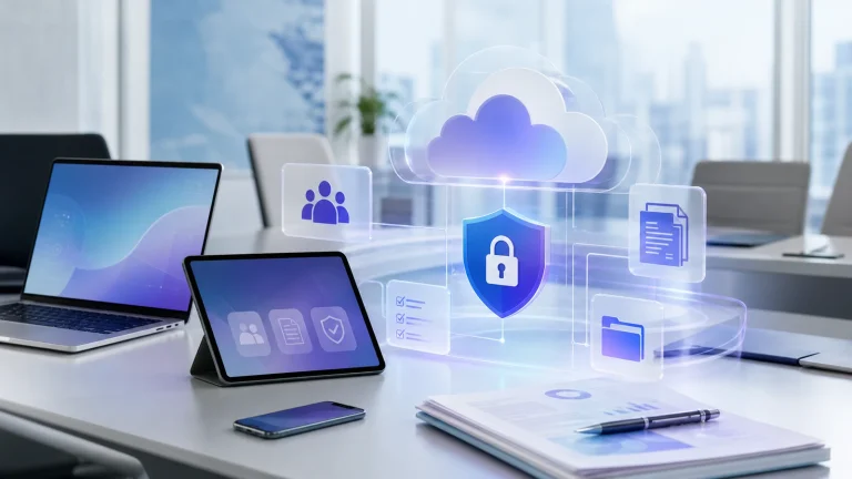 Espacio de trabajo corporativo con dispositivos, nube y controles de identidad y datos